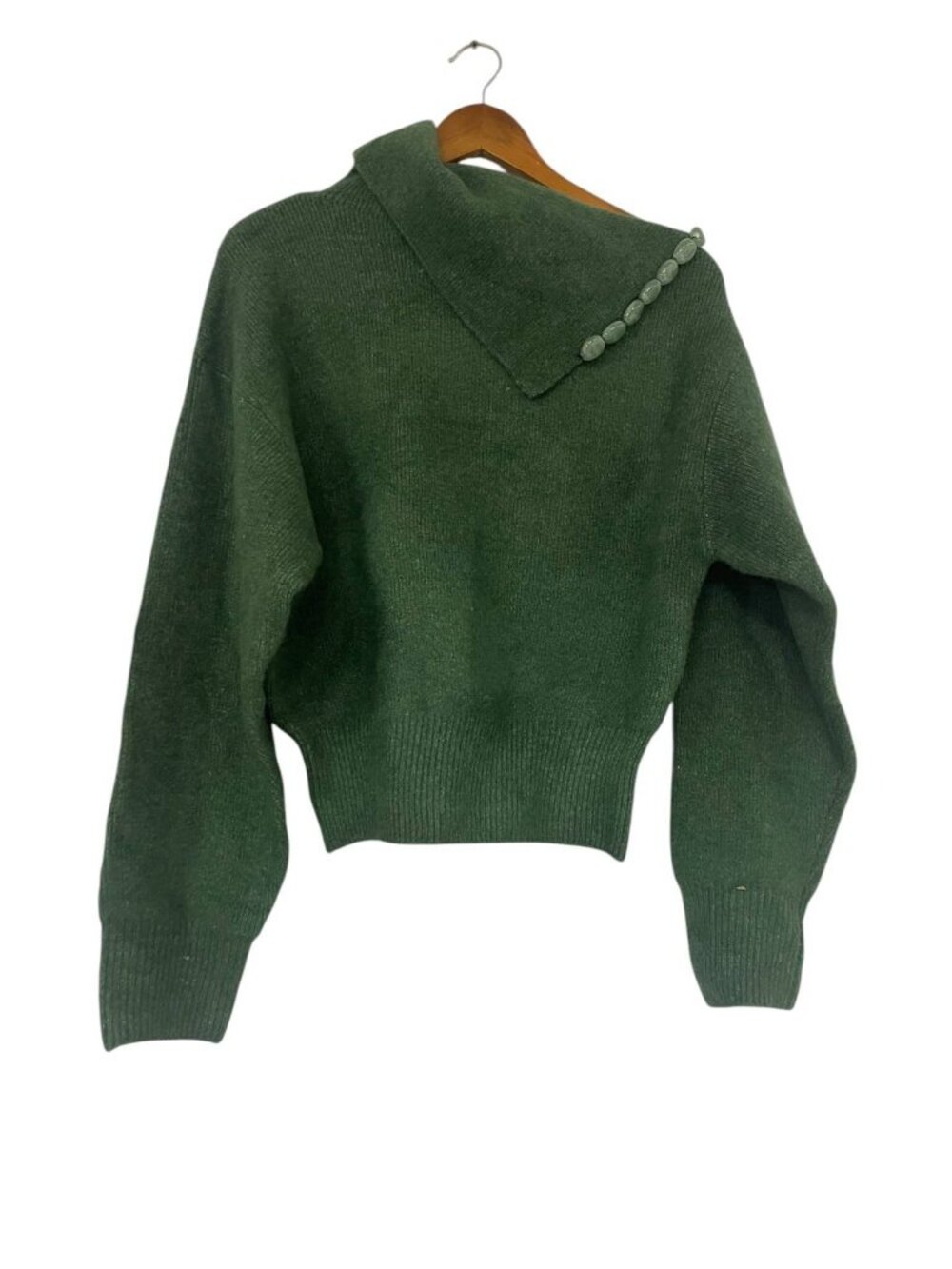 Zara Green Knit Pullover Sweater Women's Size M Beaded Detail Mock Neck NWT